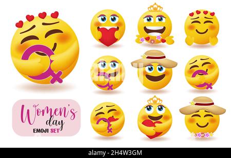 Frauen Smiley Zeichen Vektor-Set. Emoji-Kollektion für den Frauentag mit einem Emoticon-Charakter mit weiblichem Symbol für die Feier von Frau und Mutter Stock Vektor