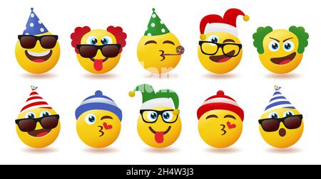 Smileys Geburtstag Zeichen Vektor gesetzt. Smiley-Party-Emojis tragen Geburtstags-Hüte in niedlichen und lustigen Gesichtern für die Emoji-Feier-Figuren-Kollektion. Stock Vektor