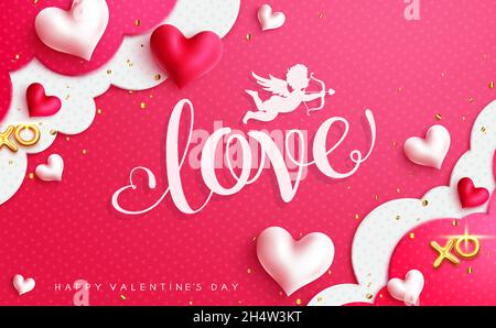 Valentines Liebe Vektor-Hintergrund-Design. Love Typography Text in Art Decor space with Cupid, hearts and Clouds Element for valentine's day Romantic. Stock Vektor