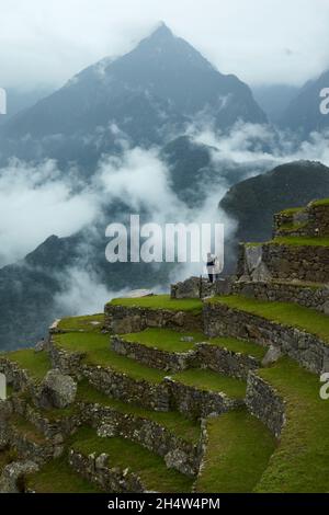 Touristen auf landwirtschaftlichen Terrassen und nebligen Bergen, Machu Picchu (Weltkulturerbe), Sacred Valley, Peru, Südamerika Stockfoto