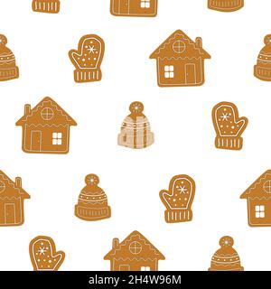 Weihnachtsplätzchen-Muster, weihnachtshaus, Hut und Handschuhe in brauner Farbe, isoliert auf weißem Hintergrund, Vektor-Illustration. Stock Vektor