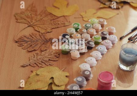 Satz von Acrylfarben in Pastelltönen auf einem Tisch zwischen braunen Blättern. Getrocknete Blätter verschiedener Bäume. Zeichnen, Freizeit, Kreativität. Selektives Foc Stockfoto