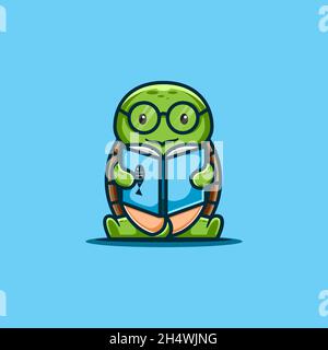 vektor-Illustrationen. Ein Cartoon-Bild von einer niedlichen Schildkröte liest ein Buch mit seiner Brille. Cartoon und Tier Charakter-Stil. Stock Vektor