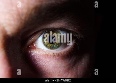 Nahaufnahme eines Mannes mit grün-braunem Auge. Menschliches Auge oder Augapfel bei dramatischem Licht Stockfoto