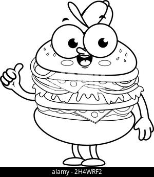 Cartoon Hamburger Figur. Vektor schwarz-weiß Malseite Stock Vektor