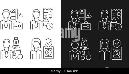 Lineare Symbole für die finanzielle Besetzung sind für den Dunkel- und Lichtmodus eingestellt Stock Vektor