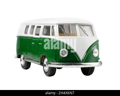 Nahaufnahme von grünen Mini-Van Spielzeug isoliert vintage Perspektive Ansicht Stockfoto