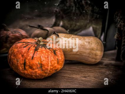 Ein paar Orangenkürbisse und Kürbis im Herbst Stockfoto