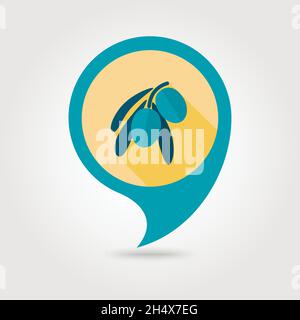 Olive Flat Vector Pin Map-Symbol. Kartenzeiger. Kartenmarkierungen. Tropische Früchte. Vektorgrafik, Folge 10 Stock Vektor
