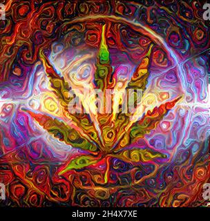 Abstraktes Gemälde mit Marihuana-Blättern. 3D-Rendering Stockfoto
