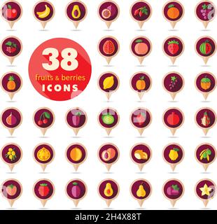 Satz von Früchten und Beeren pin Symbol Karte. Kartenzeiger. Karte Markierungen. Vector Illustration, eps 10. Stock Vektor