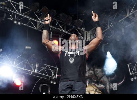 Derrick Green von Sepultura live im Konzert beim Bloodstock Festival 2012 in der Catton Hall in Derbyshire. Stockfoto