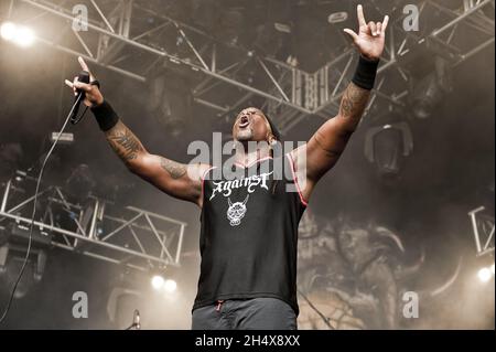 Derrick Green von Sepultura live im Konzert beim Bloodstock Festival 2012 in der Catton Hall in Derbyshire. Stockfoto