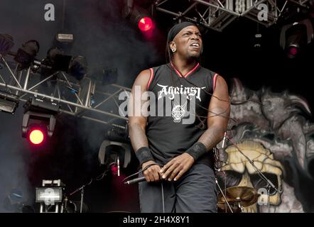 Derrick Green von Sepultura live im Konzert beim Bloodstock Festival 2012 in der Catton Hall in Derbyshire. Stockfoto