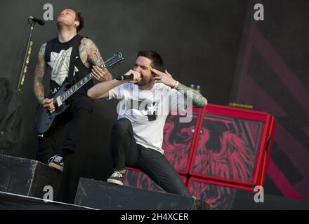 Jeremy McKinnon of A Day to Remember spielt live beim Download Festival in Donnington Park, Leicestershire. Stockfoto