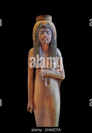 Ägyptische Holzskulptur der vergötterten Königin Ahmes Nefertari, 1279-1213 v. Chr. 19. Dynastie, fand Deir el Medina, Akazie. Louvre Museum Inv N 470. Th Stockfoto