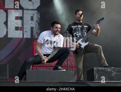 Jeremy McKinnon of A Day to Remember spielt live beim Download Festival in Donnington Park, Leicestershire. Stockfoto