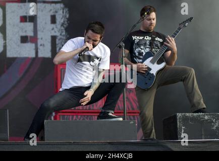 Jeremy McKinnon of A Day to Remember spielt live beim Download Festival in Donnington Park, Leicestershire. Stockfoto