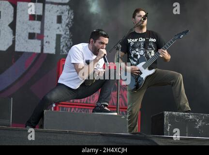 Jeremy McKinnon of A Day to Remember spielt live beim Download Festival in Donnington Park, Leicestershire. Stockfoto