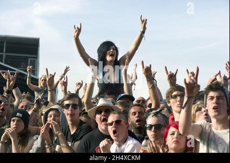 Festivalbesucher beim Download Festival im Donington Park. Stockfoto