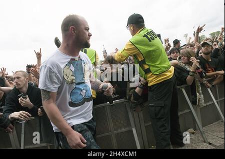 Festivalbesucher beim Download Festival im Donington Park. Stockfoto