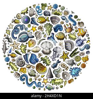 Bunte Vektor Hand gezeichnet Satz von Sealife Cartoon Doodle Objekte, Symbole und Elemente. Runde Komposition Stock Vektor