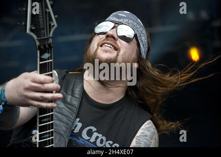 Ryan Waste of Municipal Waste tritt am 1. Tag beim Bloodstock Open Air Festival 2013 in der Catton Hall am 10. August 2013 auf. Stockfoto