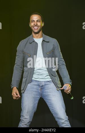 Marvin Humes von JLS auf der Bühne am 1. Tag des Fusion Festivals am 31. August 2013 im Cofton Park Birmingham, England. Stockfoto