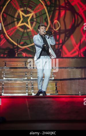 Nick Carter von Backstreet Boys tritt am 26. März 2014 in Birmingham, Großbritannien, auf der Bühne der LG Arena auf Stockfoto