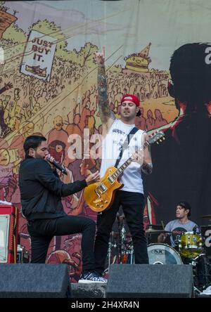 Festivalbesucher am 1. Tag beim Leeds Festival am 22. August 2014 im Bramham Park, Leeds Stockfoto