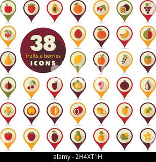 Satz von Früchten und Beeren pin Symbol Karte. Kartenzeiger. Karte Markierungen. Vector Illustration, eps 10. Stock Vektor