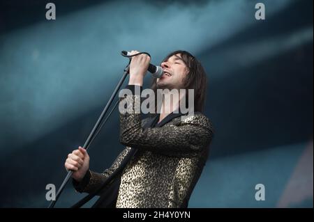 Bobby Gillespie von Primal Scream live auf der Bühne beim Gentlemen of the Road Festival am 01 2015. August im Aviemore in Schottland, Großbritannien Stockfoto