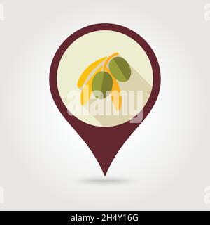 Olive Flat Vector Pin Map-Symbol. Kartenzeiger. Kartenmarkierungen. Tropische Früchte. Vektorgrafik, Folge 10 Stock Vektor