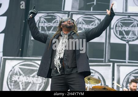 Benji Webbe von Skindred spielt live beim Leeds Festival 2016 im Bramham Park, Großbritannien. Bilddatum: Sonntag, 28. August 2016. Foto: Katja Ogrin/ EMPICS Entertainment. Stockfoto