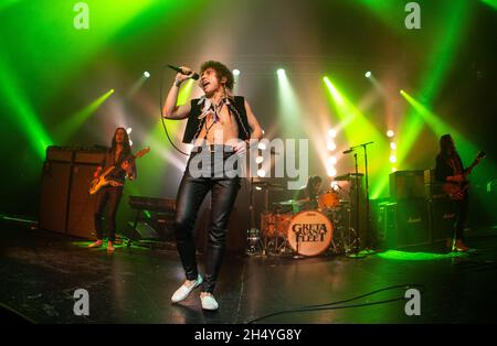 Josh Kiszka, Jake Kiszka, Sam Kiszka und Danny Wagner von Greta Van Fleet treten am 14. November 2018 in der O2 Academy in Birmingham, England, auf. Bilddatum: Mittwoch, 14. November 2018. Foto: Katja Ogrin/ EMPICS Entertainment. Stockfoto