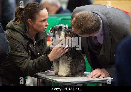 Ein Paar mit ihrem Miniaturschnauzer Hund am 4. Tag der Crufts Dog Show im National Exhibition Centre (NEC) am 10. März 2019 in Birmingham, England. Bilddatum: Sonntag, 10. März 2019. Foto: Katja Ogrin/ EMPICS Entertainment. Stockfoto