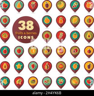 Satz von Früchten und Beeren pin Symbol Karte. Kartenzeiger. Karte Markierungen. Vector Illustration, eps 10. Stock Vektor