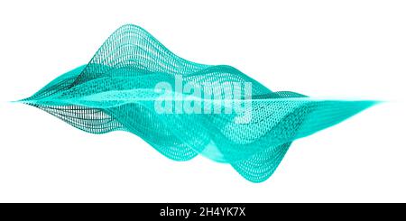 Türkisfarbene Wellenstruktur oder abstrakte Visualisierung von Audio-Schallwellen, die vor weißem Hintergrund isoliert sind Stockfoto