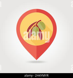 Olive Flat Vector Pin Map-Symbol. Kartenzeiger. Kartenmarkierungen. Tropische Früchte. Vektorgrafik, Folge 10 Stock Vektor