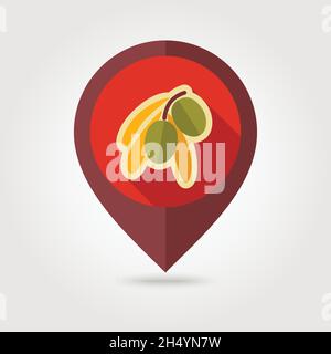 Olive Flat Vector Pin Map-Symbol. Kartenzeiger. Kartenmarkierungen. Tropische Früchte. Vektorgrafik, Folge 10 Stock Vektor