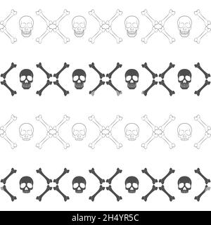 Set von nahtlosen horizontalen Mustern mit Schädel und Knochen. Vektor schwarz-weiß Hintergründe. Stock Vektor