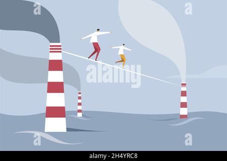 Menschen, die durch ein dichtes Seil zwischen zwei in Wasser getauchten industriellen Abluftrohren gefesselt sind. Konzept für die globale Erwärmung Stock Vektor