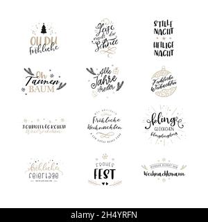 Verschiedene deutsche Weihnachts-Sprüche handgeschrieben, schöne Typografie mit Dekoration, ideal für Etiketten, Tags, Karten, Einladungen - Vektor-Design Stock Vektor