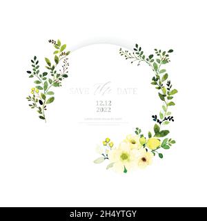 Aquarell-Einladungsdesign mit Blumenkranz. Aquarell handbemalt mit gelben Blüten und grünen Blättern Bouquet auf einem runden Rahmen. Passend für uns Stock Vektor