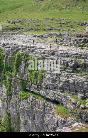 Malham Cove, Blick im Sommer auf Malham Cove, eine Kalksteinklippe aus dem Jahr 260ft in Malhamdale, einem Gebiet von außergewöhnlicher natürlicher Schönheit in den Yorkshire Dales, Großbritannien, Stockfoto