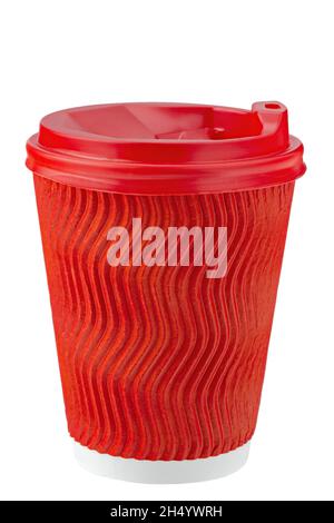 Kaffee in einer Einweg-Tasse rot auf einem isolierten weißen Hintergrund zu gehen. Vorlage Einweg-Kunststoff und Papierwaren für heiße Getränke. Datei enthält cli Stockfoto