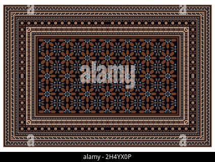 Vintage-Teppich in dunklen Farbtönen mit großen braunen Blüten in der Mitte und gemusterter Bordüre an den Rändern vor weißem Hintergrund. Stock Vektor