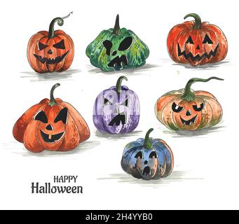 Handgezeichnete halloween Kürbisse witziges Aquarell-Set-Design Stock Vektor