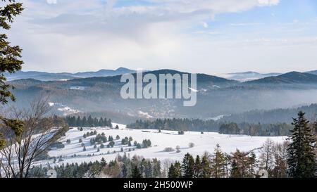 Winter neblige Landschaft der Beski Sadecki Bergkette in der Nähe von Krynica Zdroj, Polen Stockfoto