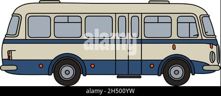 Handzeichnung eines blau-weißen Linienbusses im Retro-Stil Stock Vektor